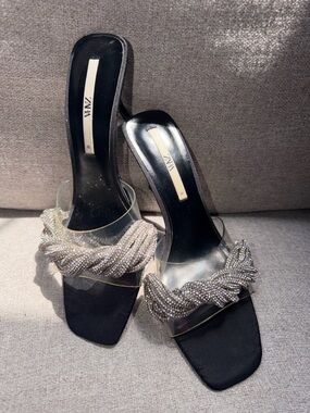 Zara Black Sandals with Silver Beaded Twist and Clear Strap